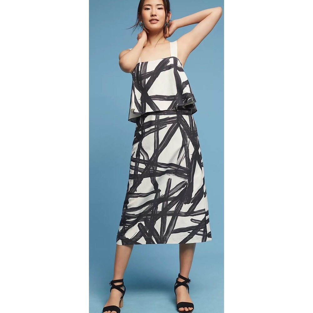 NWT WHIT Broadway Midi Dress 4 Silk Linen Black Bone Abstract Art Brushstroke